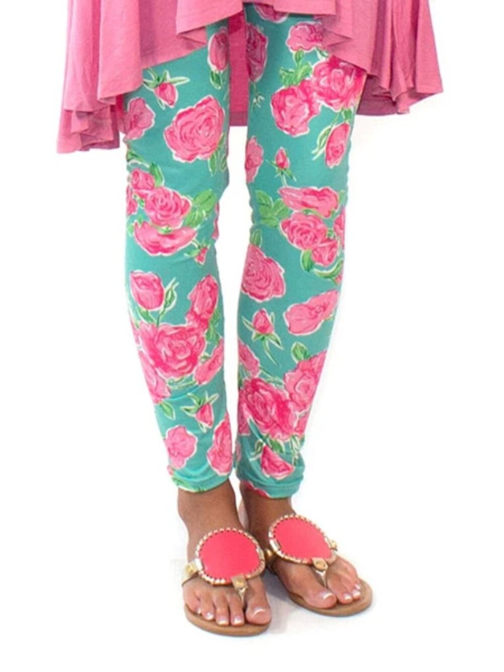 Simply Southern Leggings Rose Print Green Pink Sz S
